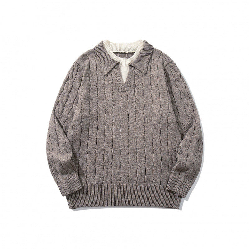 Herren Grobgestrickter Zopfmuster-Pullover mit Polokragen und V‑Ausschnitt Echo Archiv