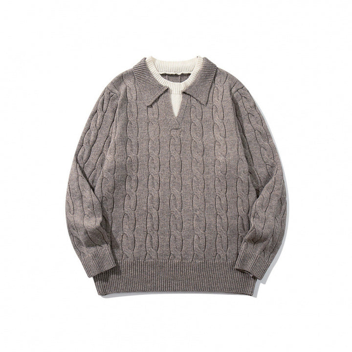 Herren Grobgestrickter Zopfmuster-Pullover mit Polokragen und V‑Ausschnitt Echo Archiv