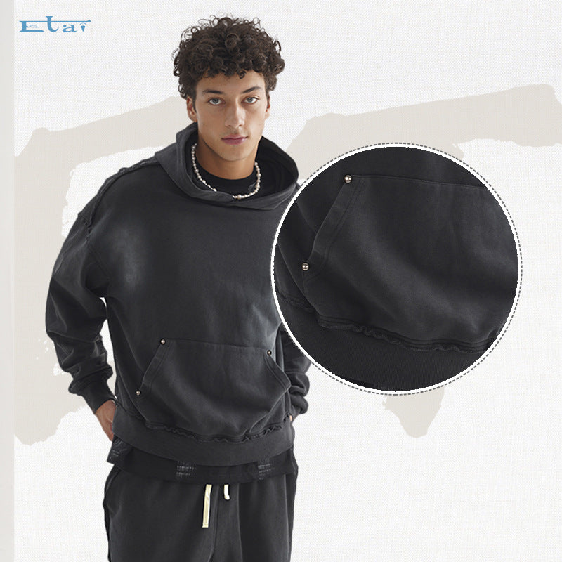 Unisex Oversized Kapuzenpullover mit ausgefranstem Saum, Kängurutasche und verwaschenem Bleicheffekt Echo Archiv