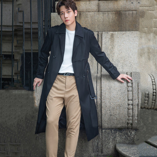Herren langer doppelreihiger Trenchcoat mit Sturmklappe und D-Ring-Details Echoarchiv