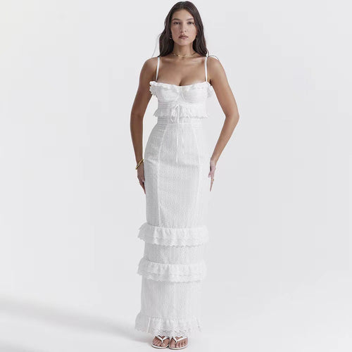 Damen elegantes Spitzen-Maxikleid mit Rüschendetails und schmalen Spaghettiträgern Echo Archiv