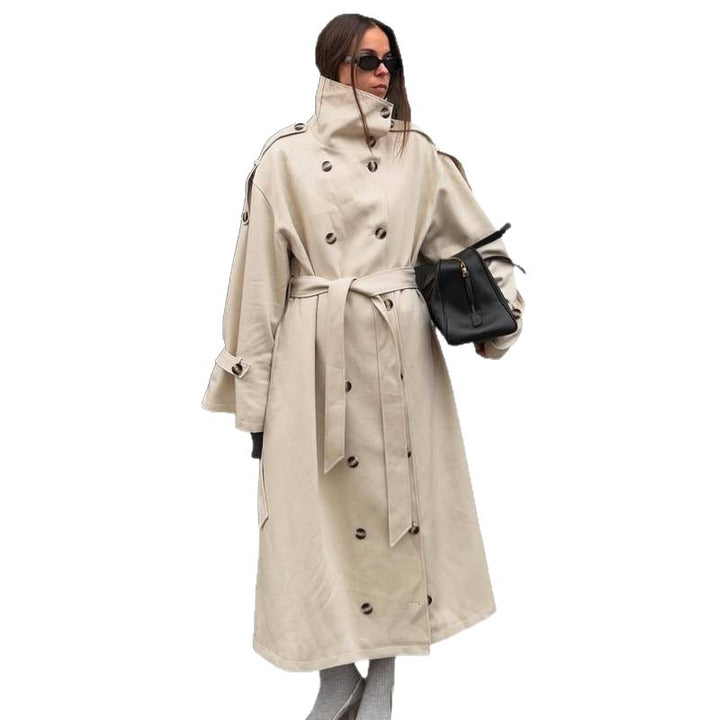 Damen Langer Oversized Trenchcoat mit hohem Stehkragen, Glockenärmeln und Bindegürtel Echoarchiv