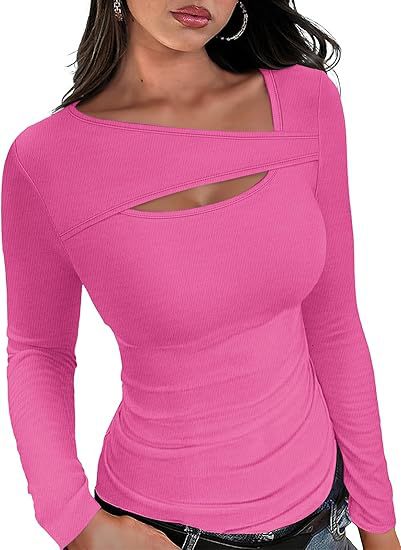 Damen Geripptes Langarmshirt mit asymmetrischem Carmenausschnitt und Brust-Cut-Out Echo Archiv