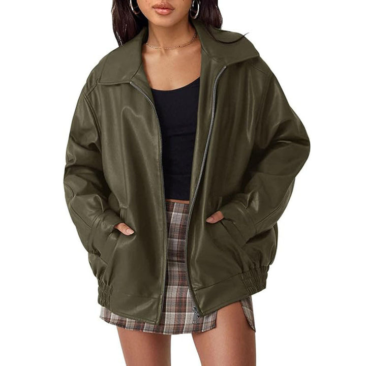 Damen Oversize Kunstleder Blouson mit Reißverschluss und elastischem Saum – Célinea