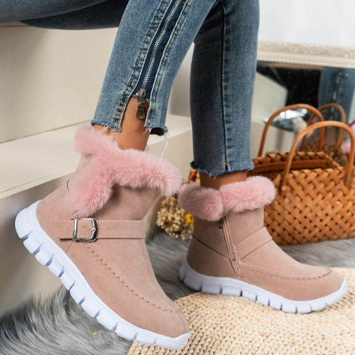 Damen Gefütterte Ankle-Boots aus Wildlederoptik mit Kunstfellkragen, seitlichem Reißverschluss und leichter Profilsohle – Varelle