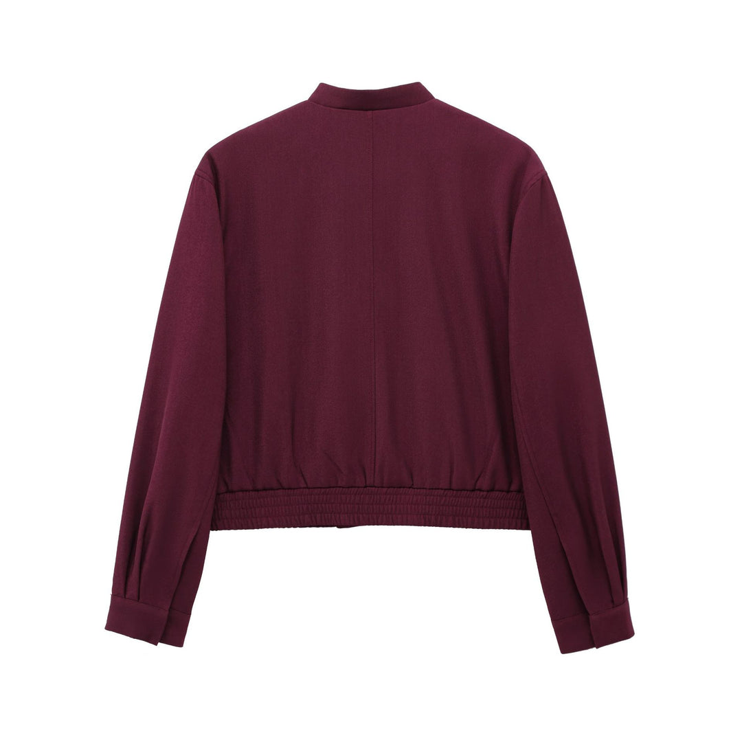 Damen kurze Stehkragen-Blousonjacke mit verdeckter Frontleiste, taillierter Rippbund-Details und dekorativen Paspeltaschen – Célinea