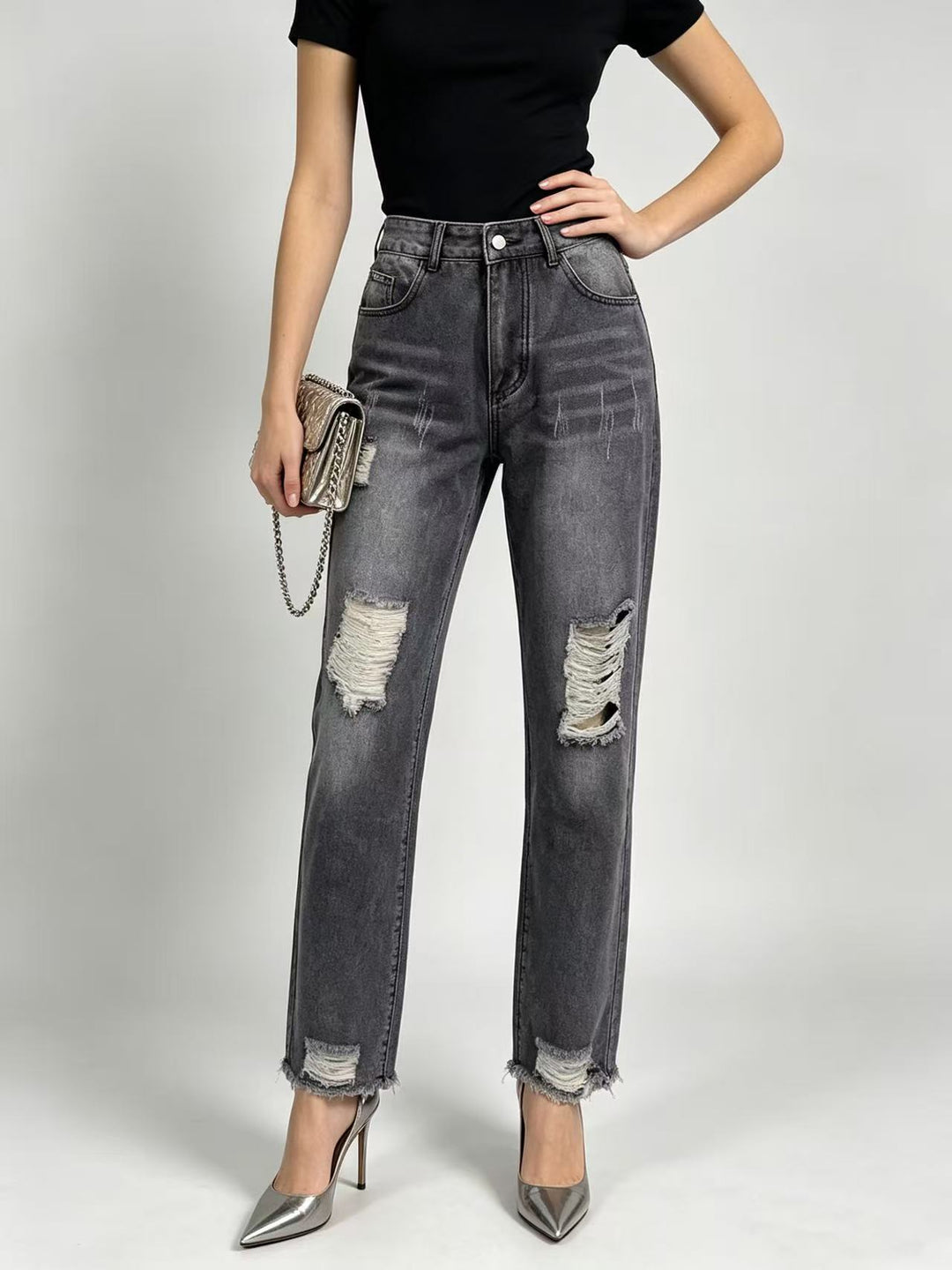 Damen nan hochgeschnittene Straight Leg Jeans mit gezielten Rissdetails und rohem Knöchelabschluss Echo Archiv