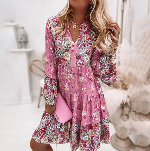 Damen nan leichtes Babydoll-Stufenkleid mit V-Ausschnitt, geraffter Passe und Elastikmanschetten Echo Archiv