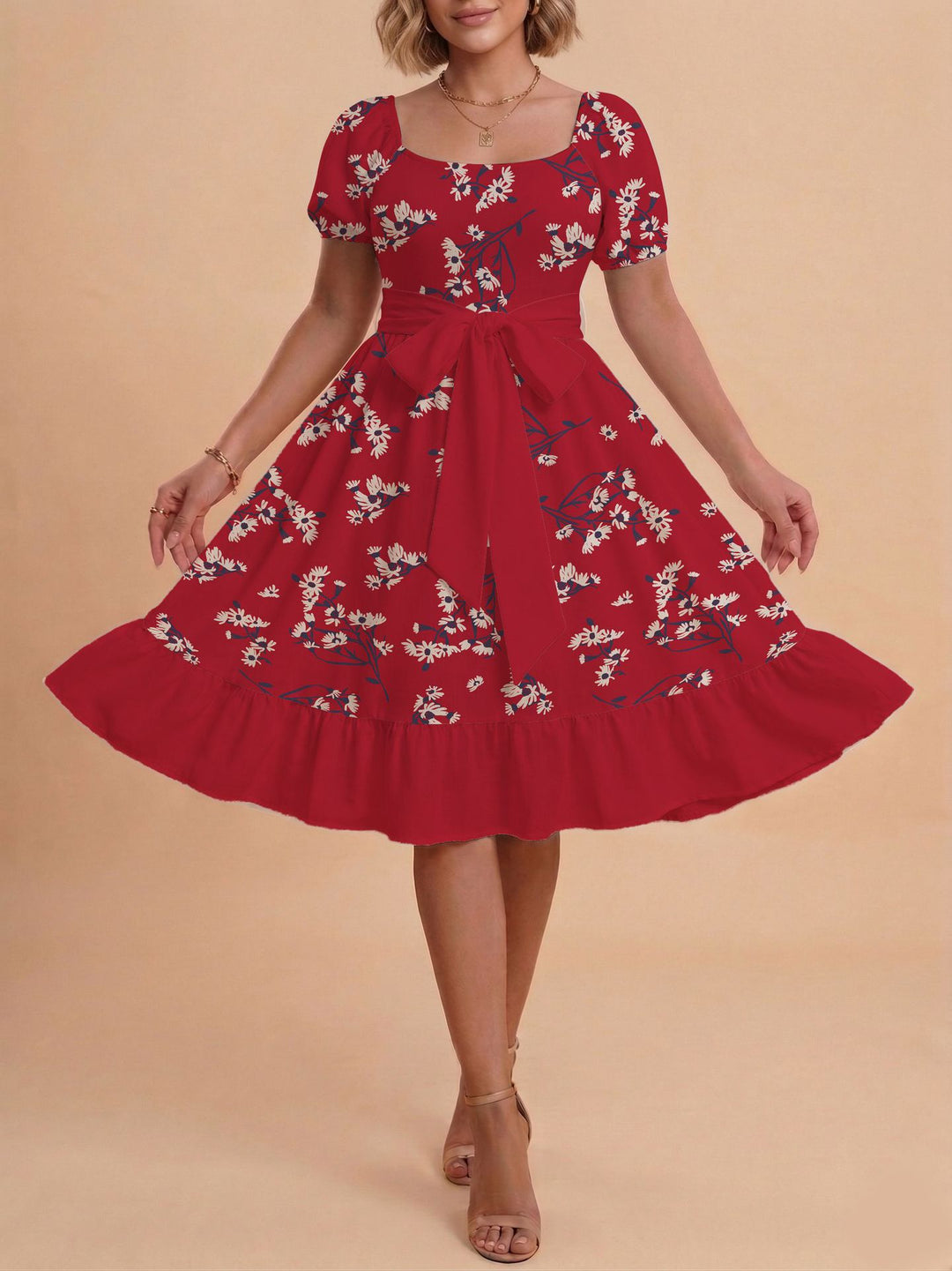 Damen Midikleid mit verspieltem Druck und tailliertem Schnitt Echo Archiv