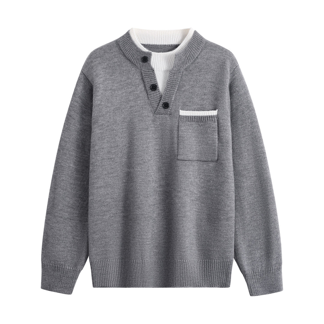 Herren Feinstrick-Henley-Pullover mit Knopfleiste, Brusttasche & Kontrastkragen Echoarchiv