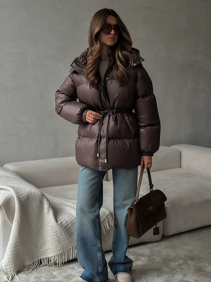 Damen gesteppte Steppjacke mit Taillenzug und Kapuze Echoarchiv