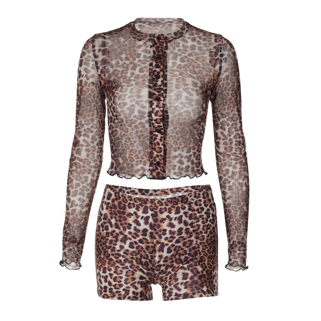 Damen Transparente Leopardenmuster Bluse und Short Set Echo Archiv