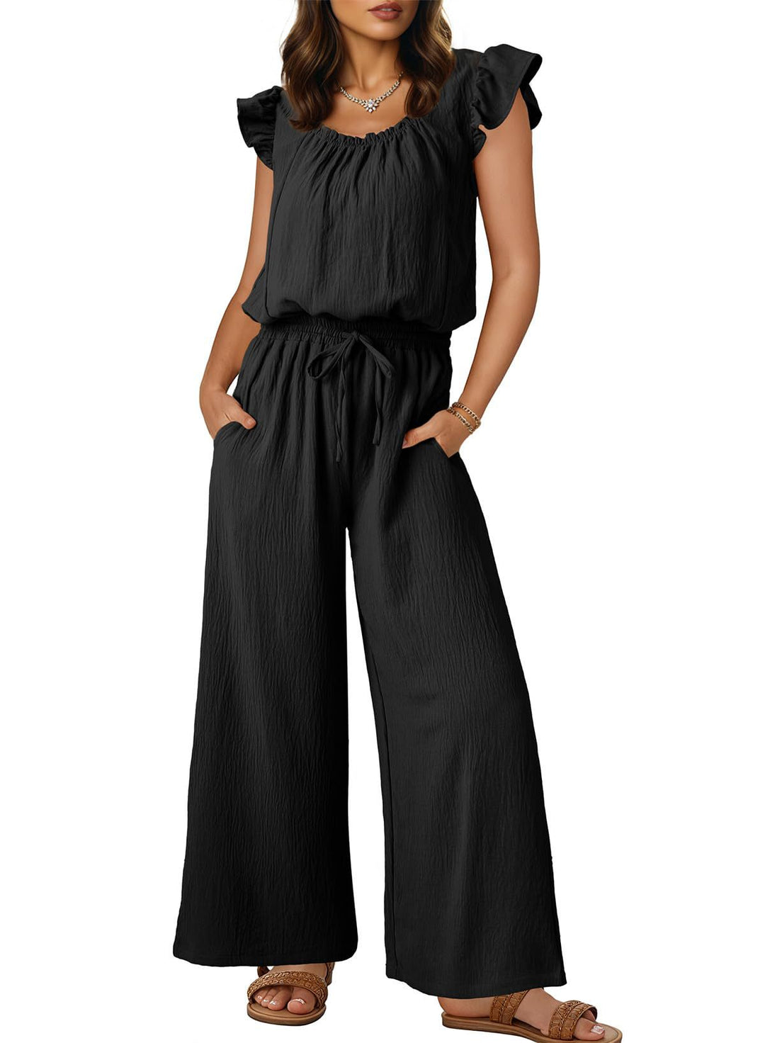 Damen Crinkle-Overall mit weitem Bein, elastischem Taillenbund und Rüschenärmeln Echo Archiv