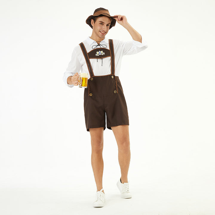 Herren nan Oktoberfest-Kurzlederhose mit verstellbaren Trägern, Zierknöpfen und besticktem Brustlatz Echo Archiv