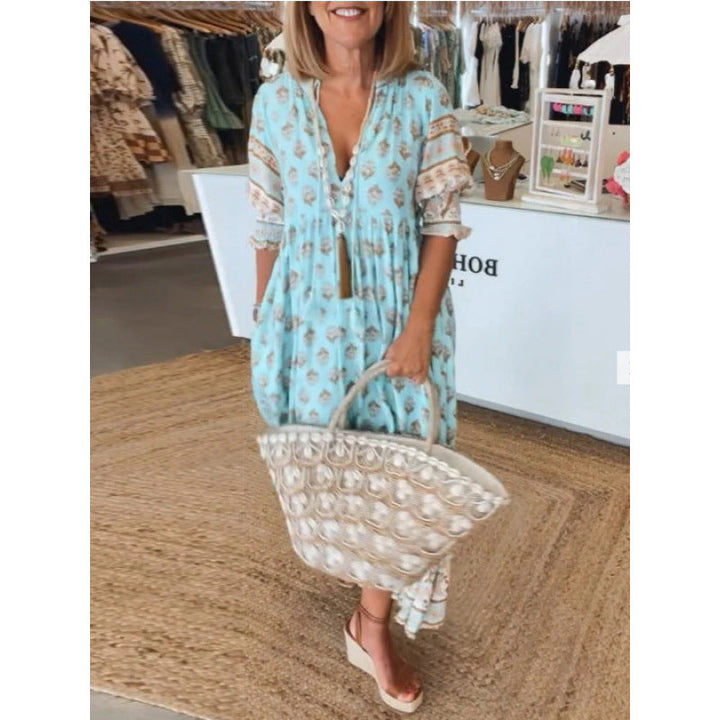 Damen Boho-Stil Kleid mit geflochtener Schnürung und handgefertigten Details Echoarchiv