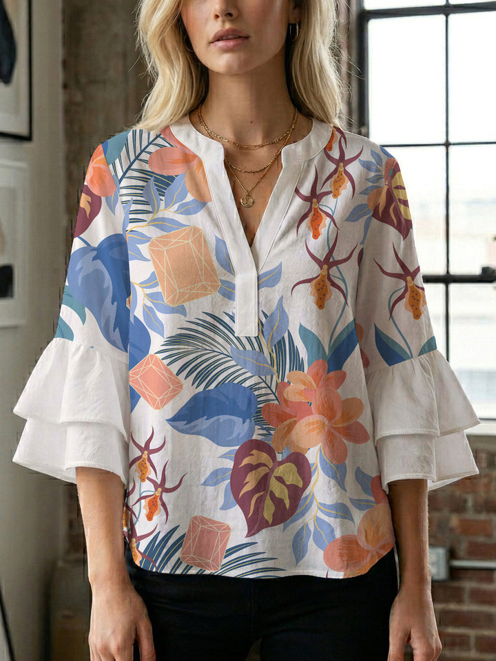 Damen Bluse mit voluminösen Rüschenärmeln und floralem Druck Echo Archiv