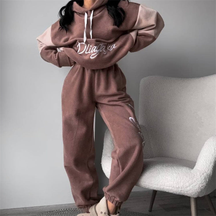 Damen kuscheliges Hoodie-Set mit kontrastärmel, elastischer High-Waist-Jogginghose und überschnittener Kapuze – Auréline