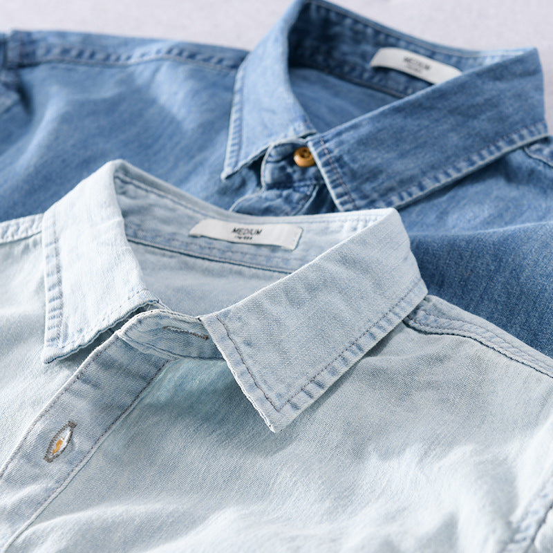 Herren Leichtes Denim-Hemd im Relaxed‑Fit mit Brusttasche und Holzknopfleiste Echoarchiv