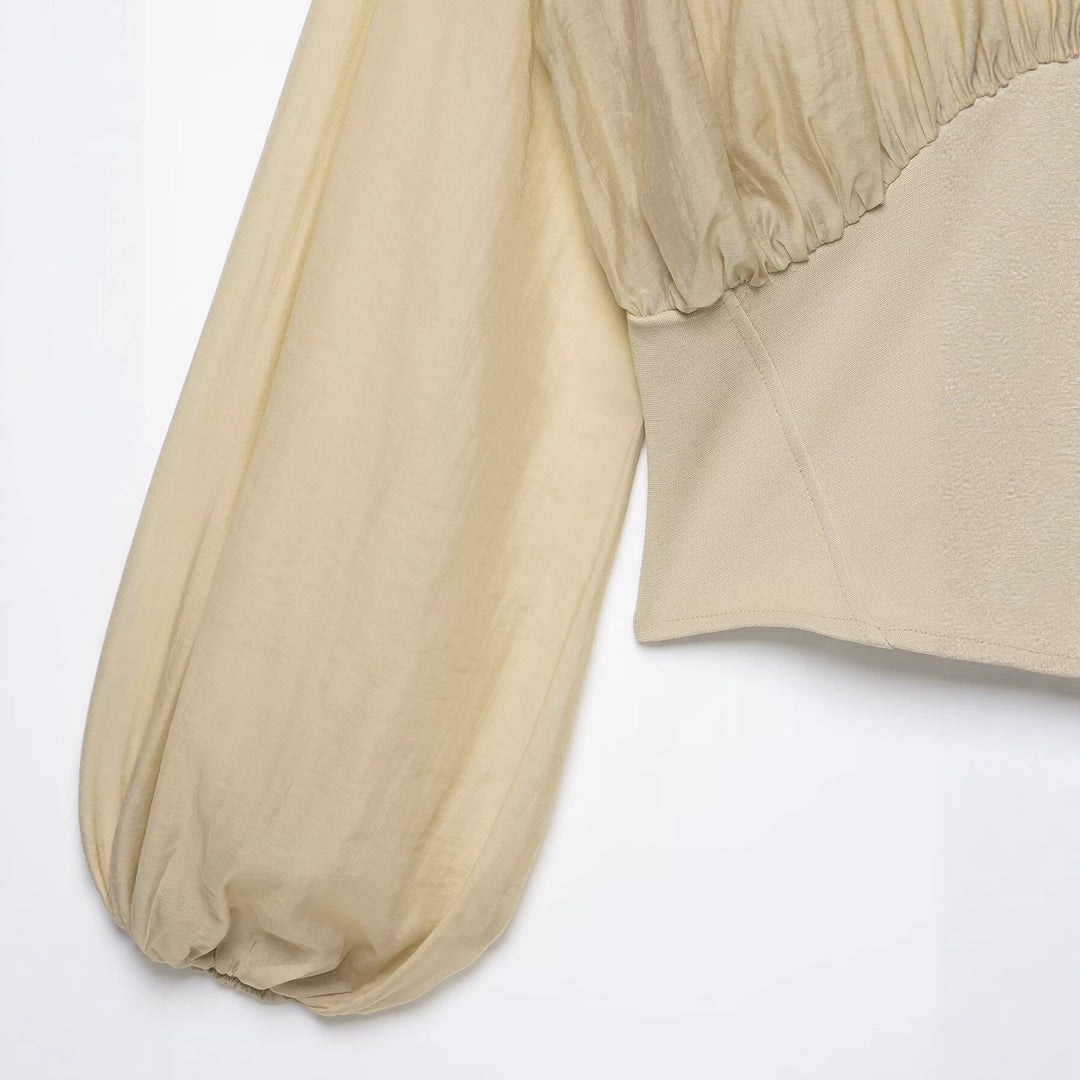 Damen Tailliertes Corsagen-Top mit transparenten Ballonärmeln und tiefem V‑Ausschnitt Echo Archiv