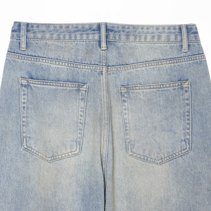 Damen Jeans mit hoher Taille, weitem Bein, Strassbesatz und Destroyed-Details Echoarchiv