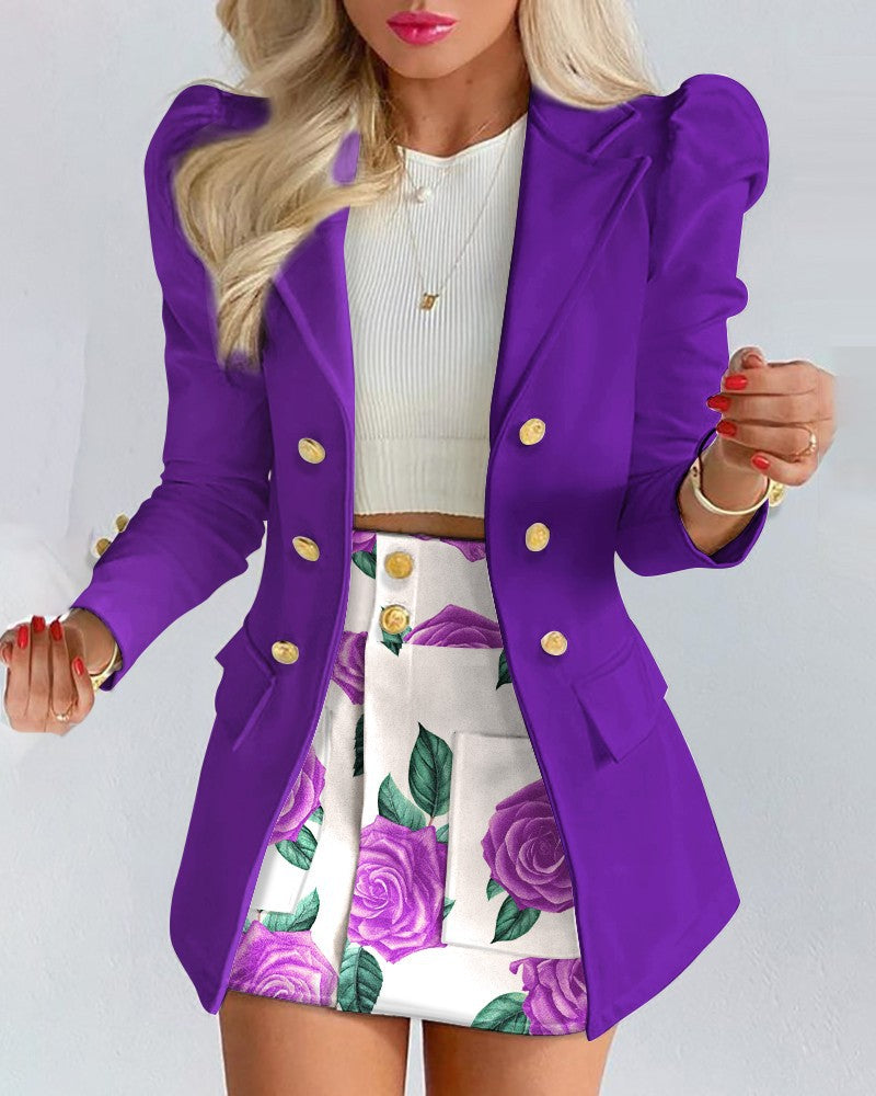 Damen Zweiteiliges karriertes Blazer- und Minirock-Set mit betonten Puffärmeln und goldenen Knöpfen – Valéne