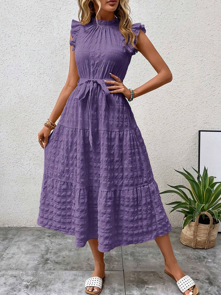 Damen Midikleid mit Stehkragen, Rüschenärmeln und Taillengürtel Echo Archiv