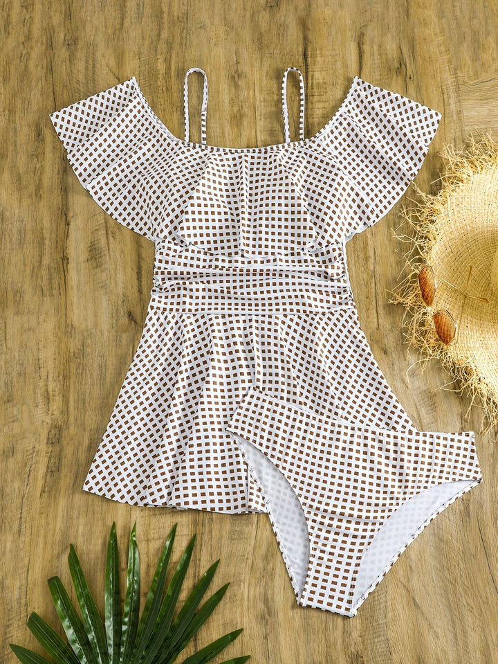 Damen Badeanzug-Set mit Rüschendetails und elegantem Karomuster Echo Archiv