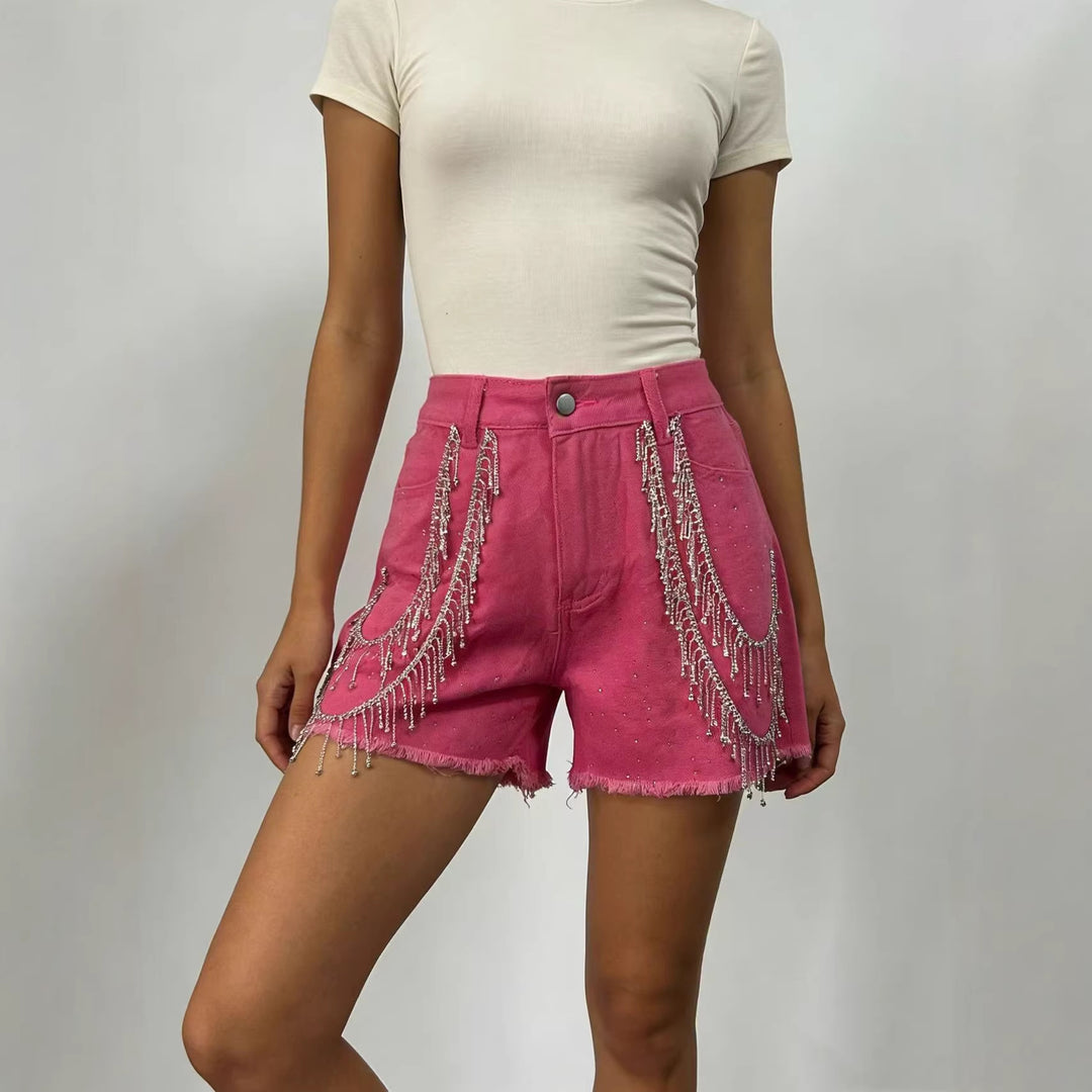 Damen Designer Denim-Shorts mit trendigen Kettenverzierungen Echo Archiv