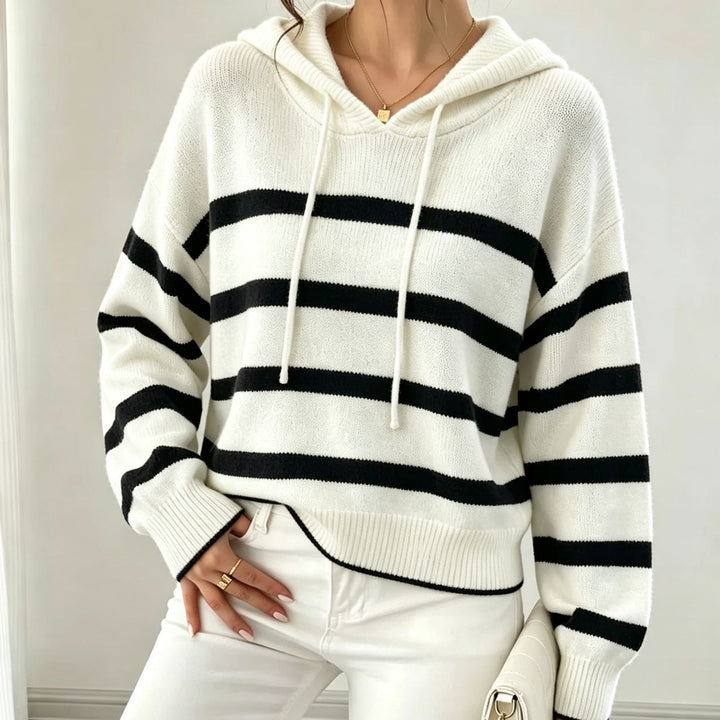 Damen Kapuzen-Strickpullover im Maritim-Look mit geripptem Saum und relaxed Fit – Auréline