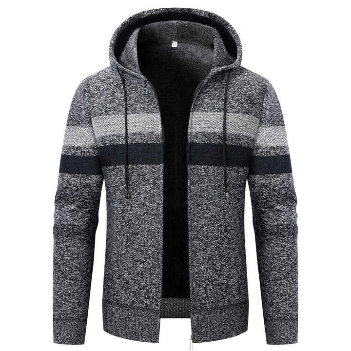 Herren Kapuzen-Strickjacke mit Teddyfutter, Reißverschluss und Kontraststreifen Echo Archiv