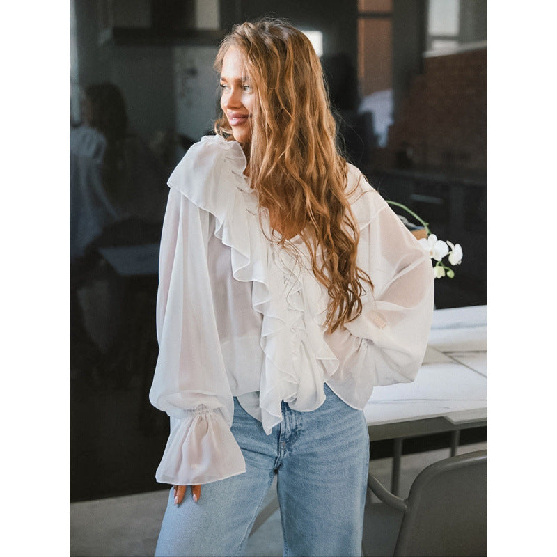 Damen Luftige Rüschenbluse aus Chiffon mit Oversize-Schnitten Echoarchiv