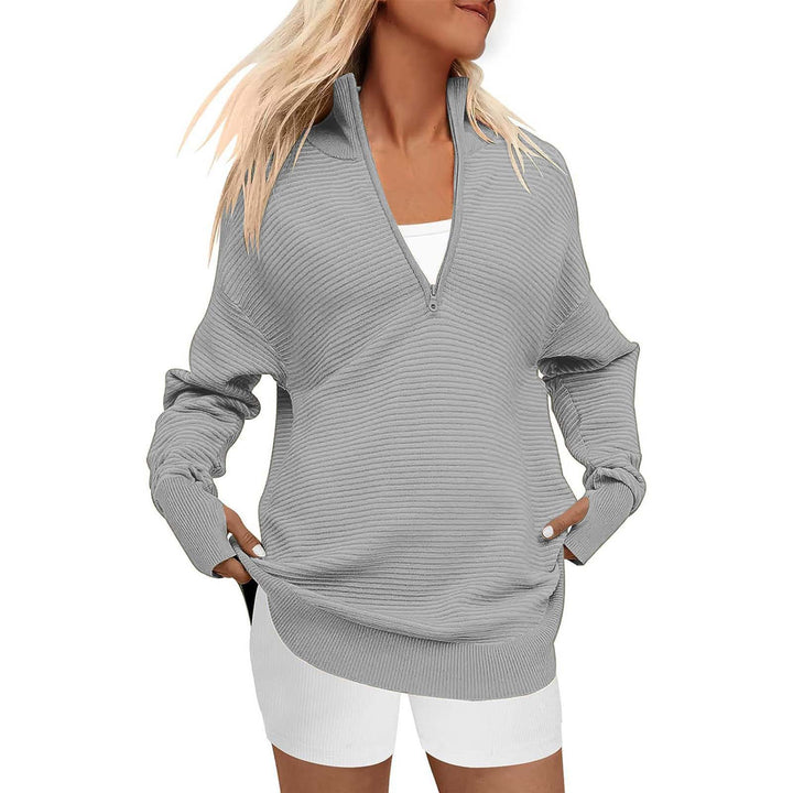 Damen Oversize-Feinstrickpullover mit halbem Reißverschluss, Stehkrragen und Daumenloch-Ärmeln Echo Archiv