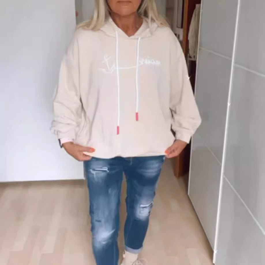 Damen nan lässiger Kapuzenpullover mit minimalistischer Liniengrafik, Kordelzug und geripptem Saum Echo Archiv