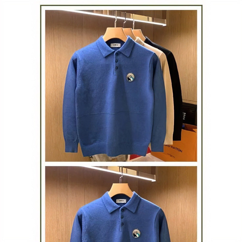 Herren Polokragen-Pullover aus weichem Flauschstrick mit Logo‑Patch Echoarchiv
