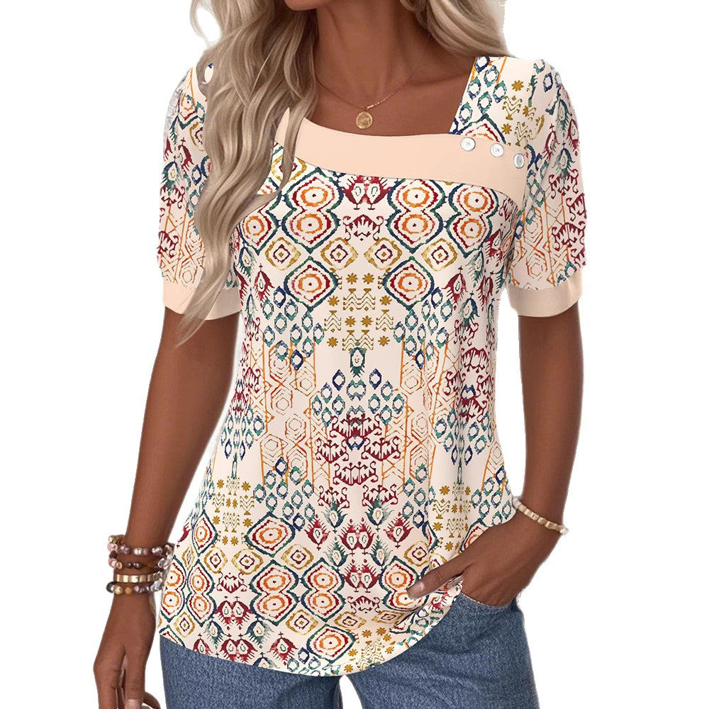 Damen nan leichtes Boho-Blusenshirt mit quadratischem Ausschnitt, Zierknopfleiste und geschwungenem Saum Echo Archiv