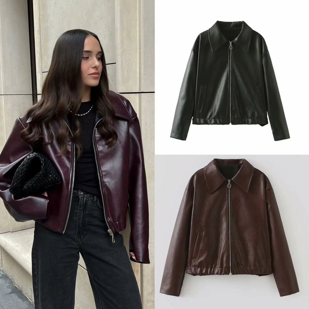 Damen nan kastig geschnittene Kunstlederjacke mit durchgehendem Reißverschluss und elastischem Saum Echo Archiv