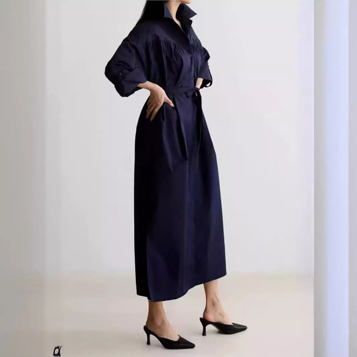 Damen Langärmliges Hemdblusen‑Maxikleid mit strukturierter Schulterpasse und Bindegürtel Echoarchiv