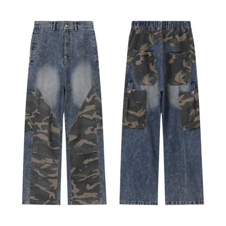 Damen Weite High‑Waist Denim‑Cargohose mit Camouflage‑Einsätzen Echoarchiv
