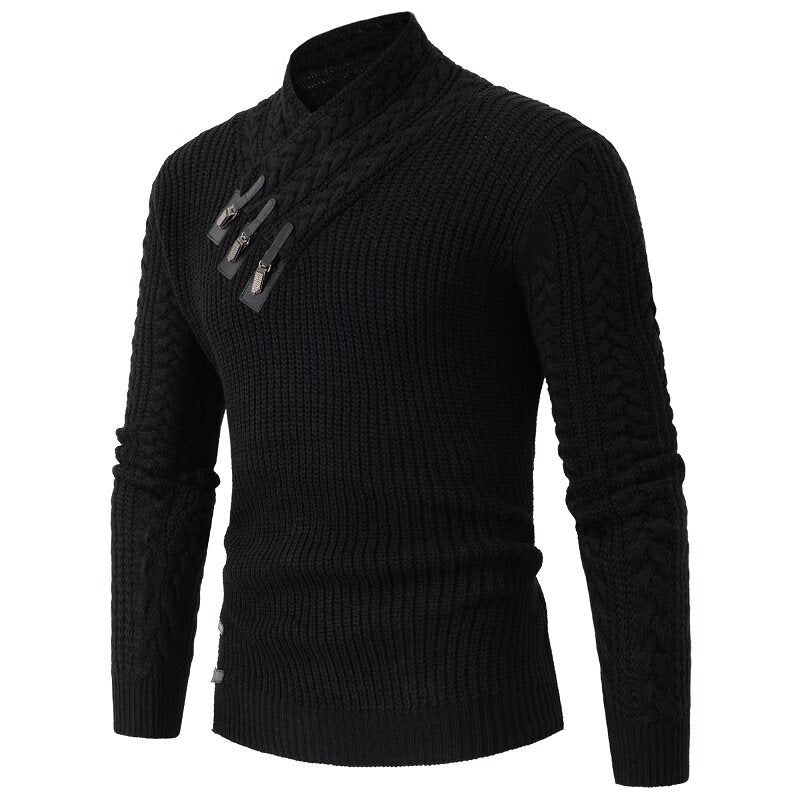 Herren nan Strickpullover mit Schalkragen, Zopfmuster und markanten Schnallenverschlüssen Echo Archiv