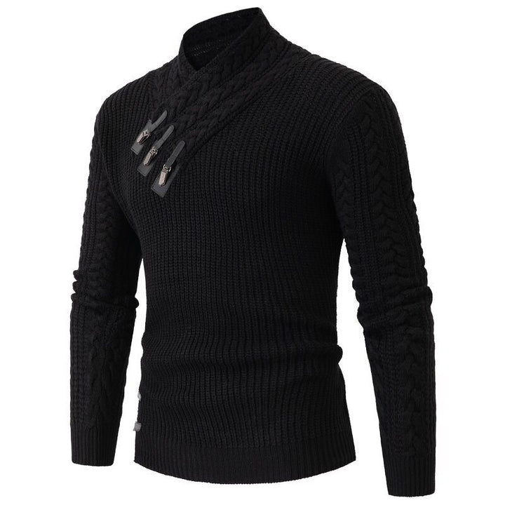 Herren nan Strickpullover mit Schalkragen, Zopfmuster und markanten Schnallenverschlüssen Echo Archiv