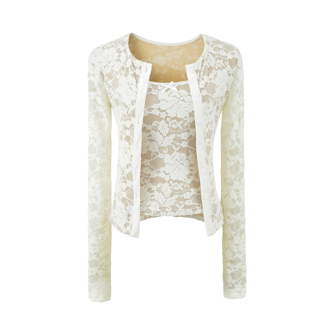 Damen Feiner Spitzen-Cardigan mit passendem Untertop und Samtbesatz Echoarchiv