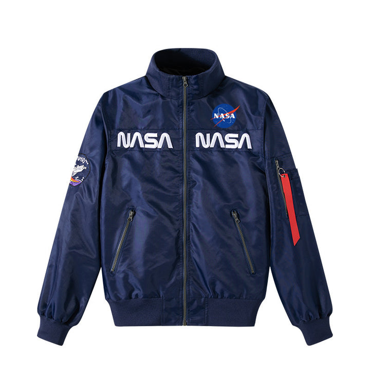 Men's retro space-logo nylon zip bomber with angled zip pockets and utility sleeve tab – Brevano