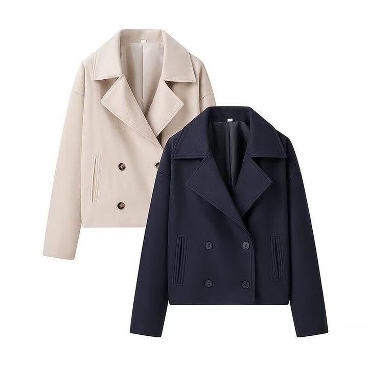 Damen Kurzer Zweireihiger Boxy-Peacoat aus Wollmix mit weitem Revers Echo Archiv