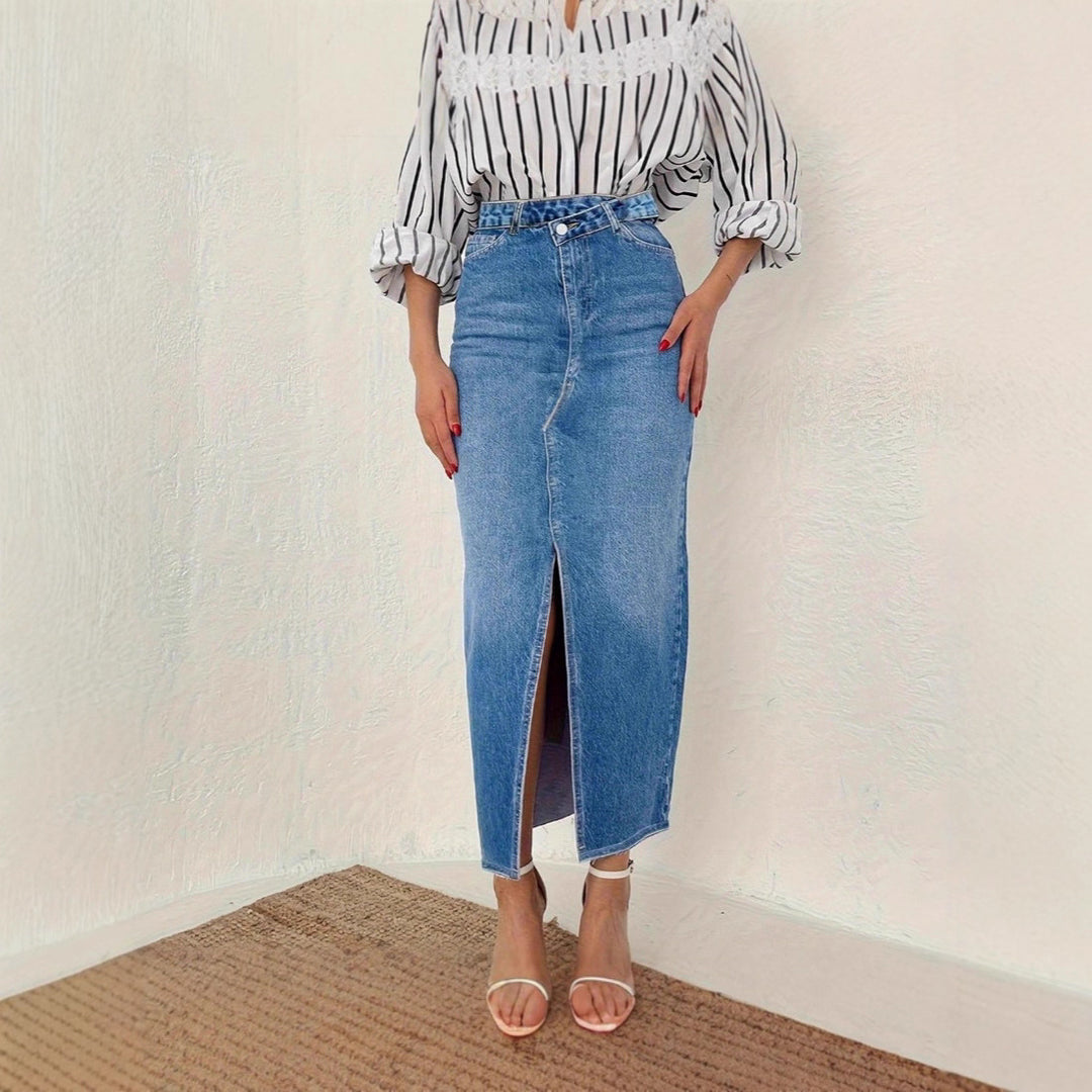 Damen Retro-inspirierter High-Waist Denim-Midirock mit zentralem Frontschlitz und figurbetonter Silhouette Echo Archiv