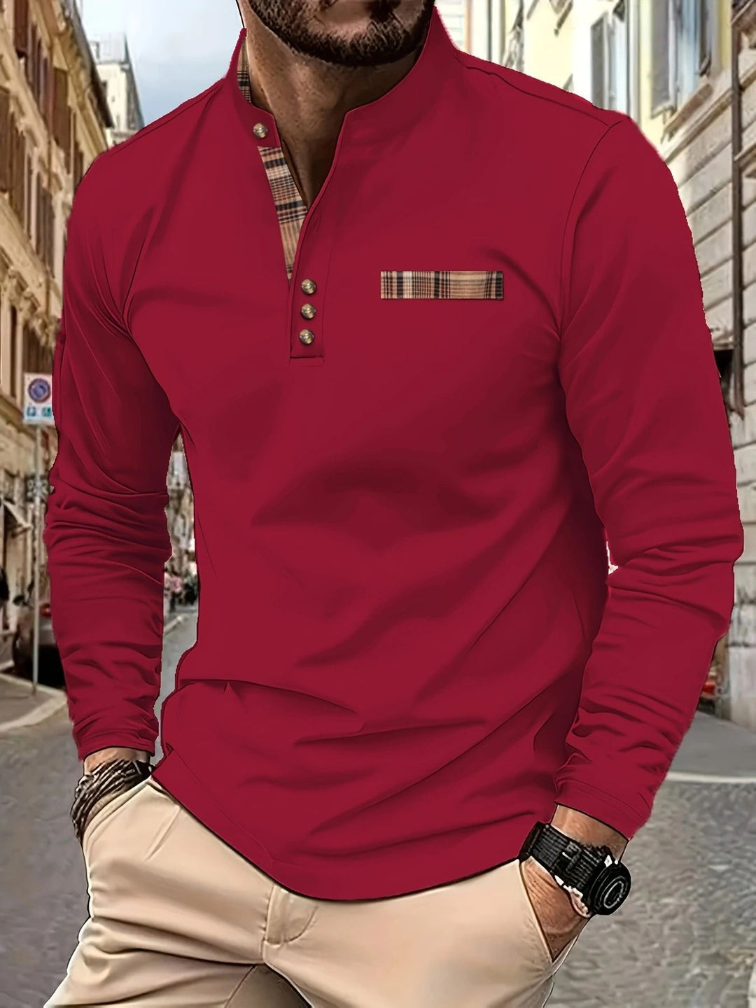 Herren langärmliges Poloshirt mit modernem Karomuster Echoarchiv