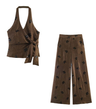 Damen 20+ weite Palazzo‑Hose mit hoher Taille, Crinkle‑Effekt und bestickten Paillettenapplikationen Echo Archiv