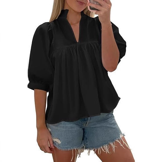 Damen elegante kurzärmlige Bluse mit Rüschendetails und lässigem Schnitt Echo Archiv