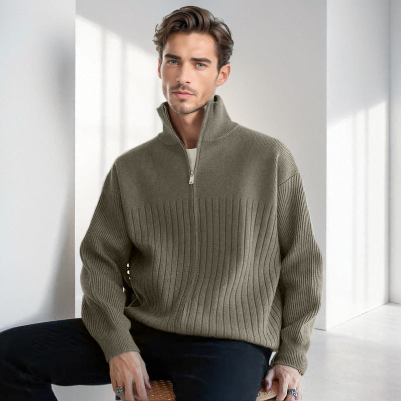 Herren Halbzip-Strickpullover mit hohem Stehkragen und breitem Rippenmuster Echoarchiv