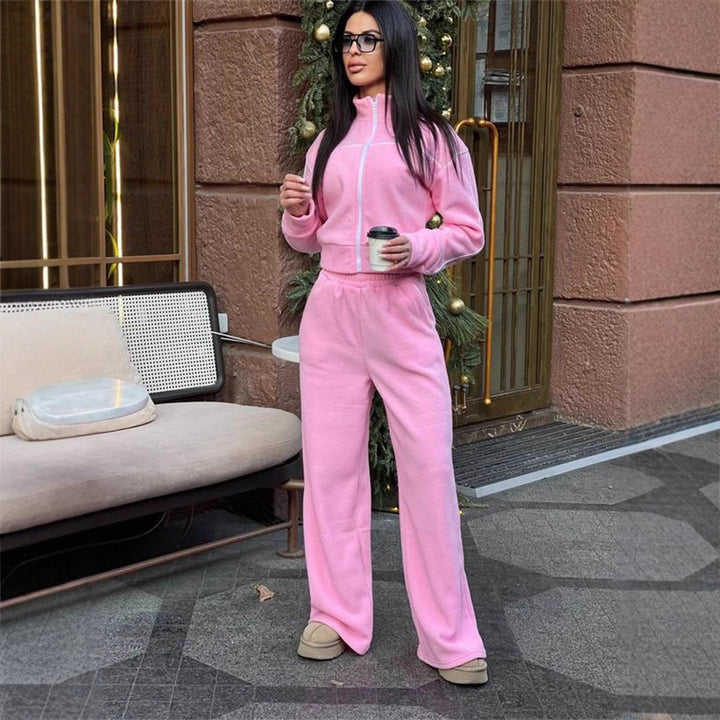 Damen Kurzgeschnittenes Zip-Oberteil mit lockerfallender High-Waist-Loungehose – Auréline
