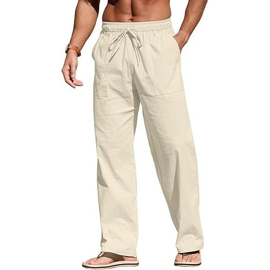 Herren nan leichte Leinenhose mit elastischem Bund, Kordelzug und aufgesetzten Taschen Echo Archiv